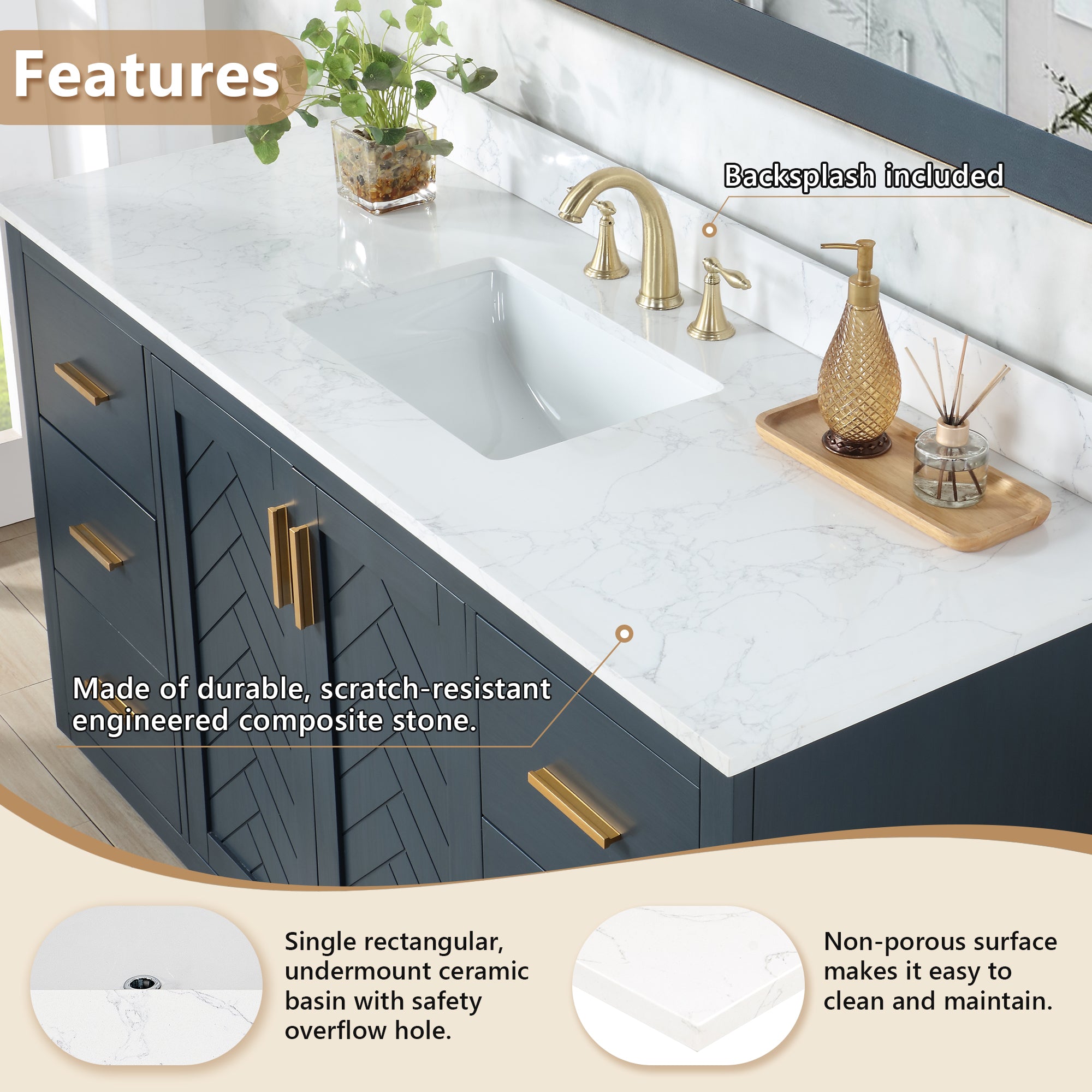 Ceres in Engineered Stone Vanity Top in Grain White with Single White Sink