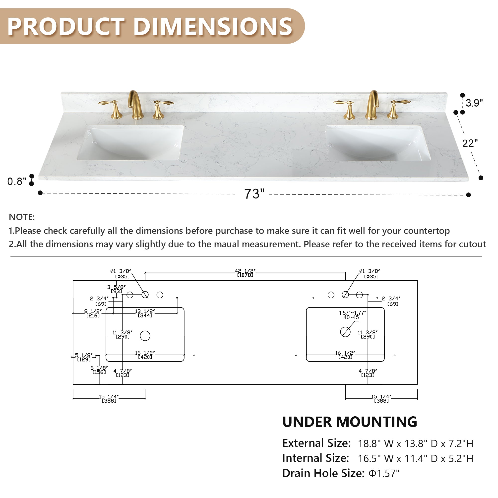 Ceres in Engineered Stone Vanity Top in Grain White with Single White Sink