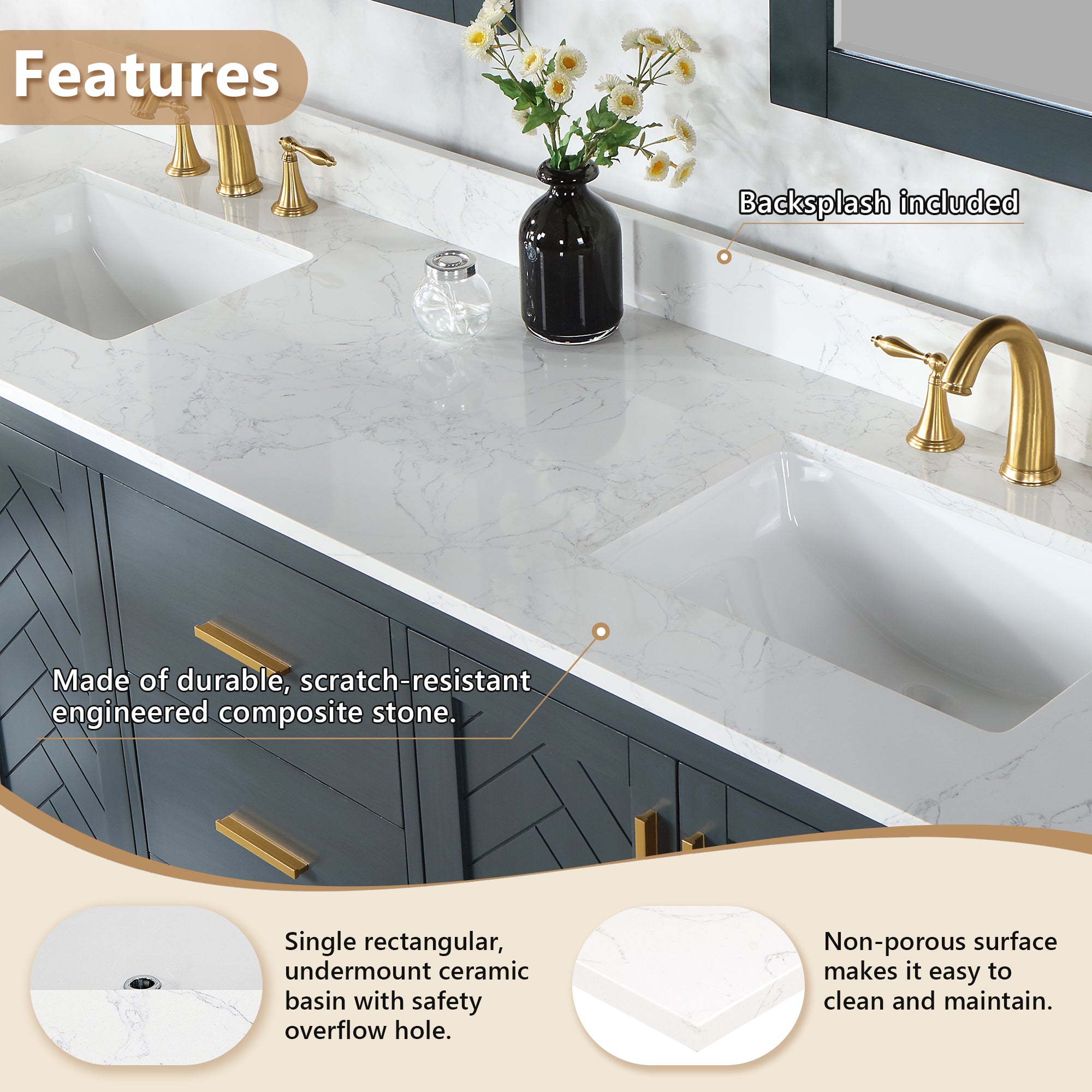 Ceres in Engineered Stone Vanity Top in Grain White with Single White Sink