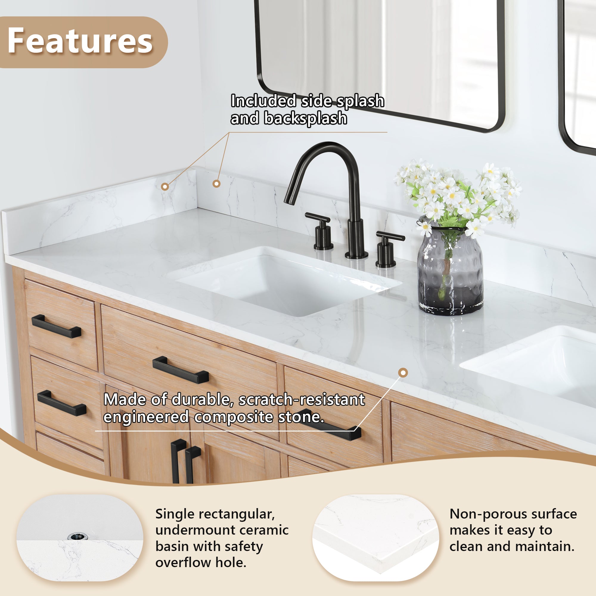 Ceres in Engineered Stone Vanity Top in Grain White with Single White Sink