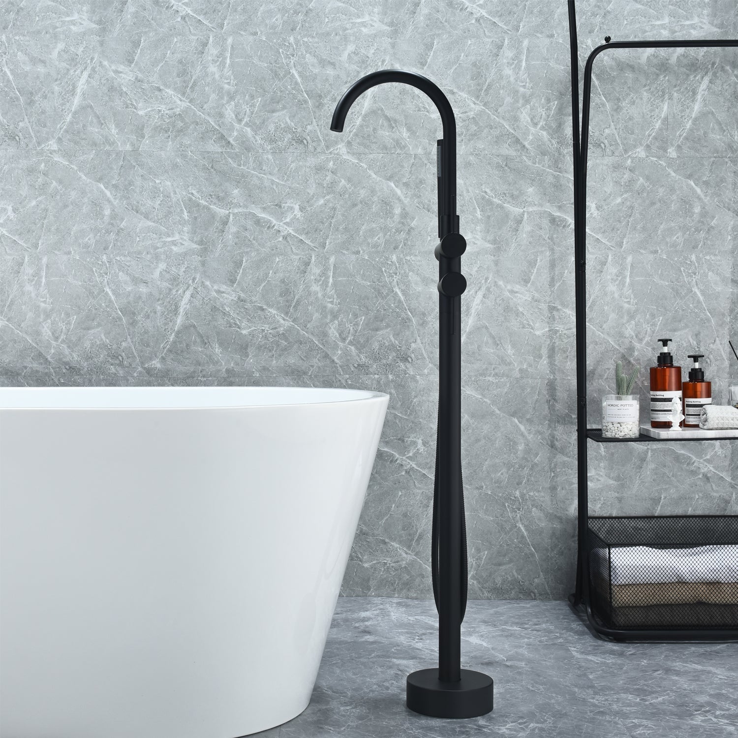 Assens Double Lever Handle Freestanding Floor Mounted Tub Filler with Handshower