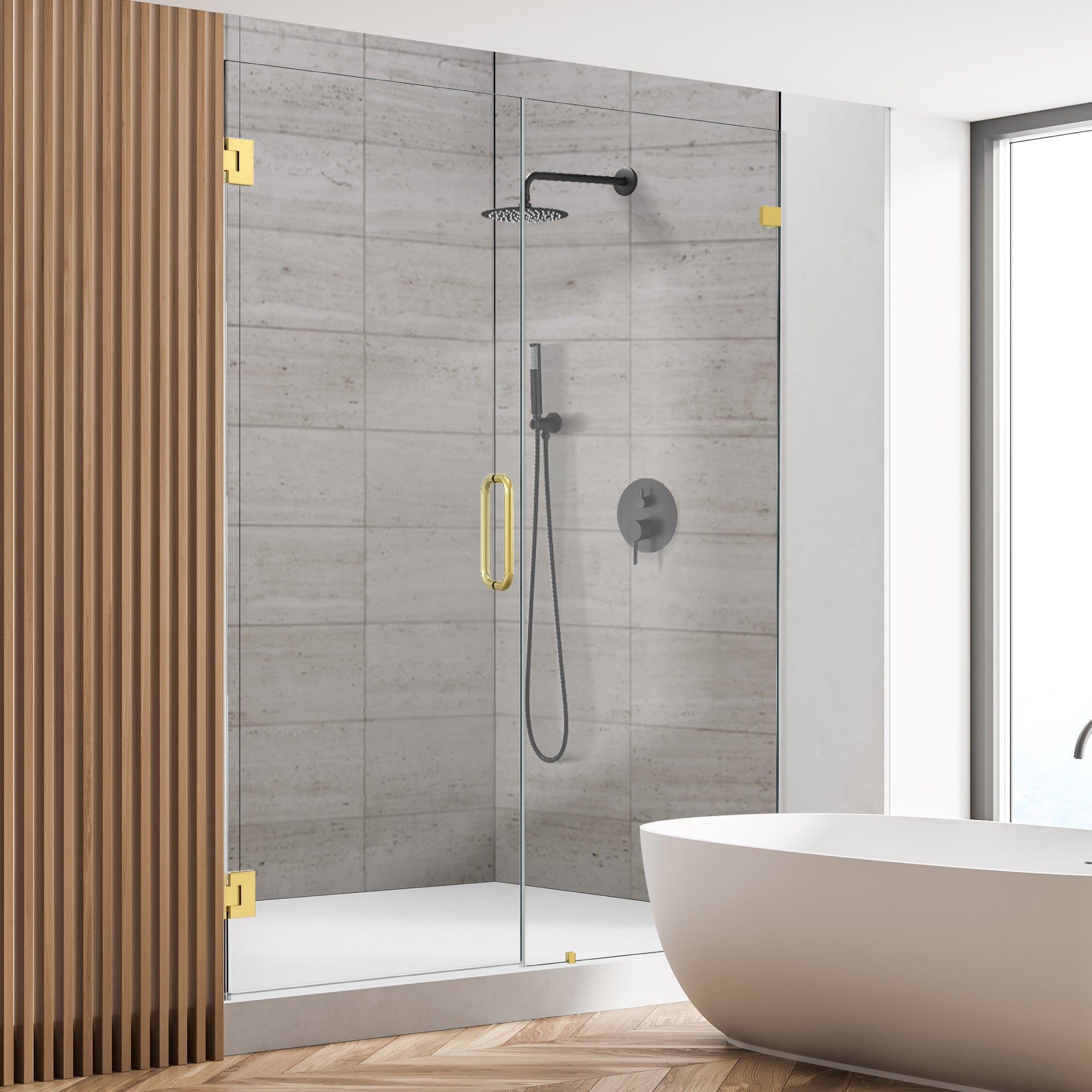 Roisin 52" W x 74" H Frameless Hinged Shower Door with Clear Glass