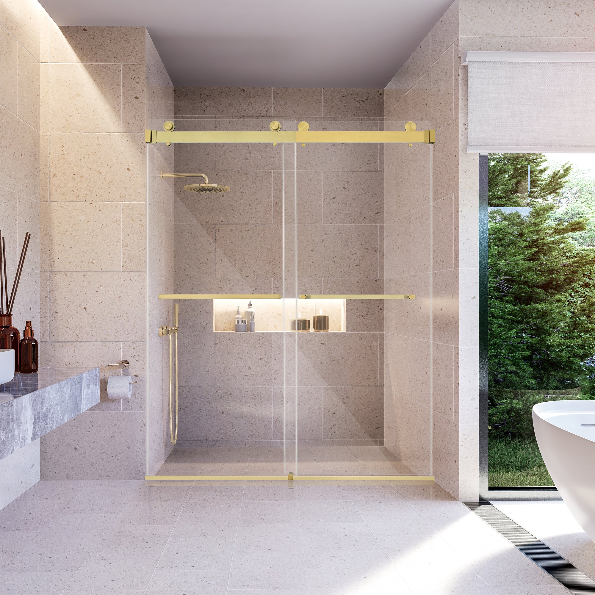 Bolani 60" W x 76" H By Pass Frameless Exposed Roller Shower Door with Clear Glass