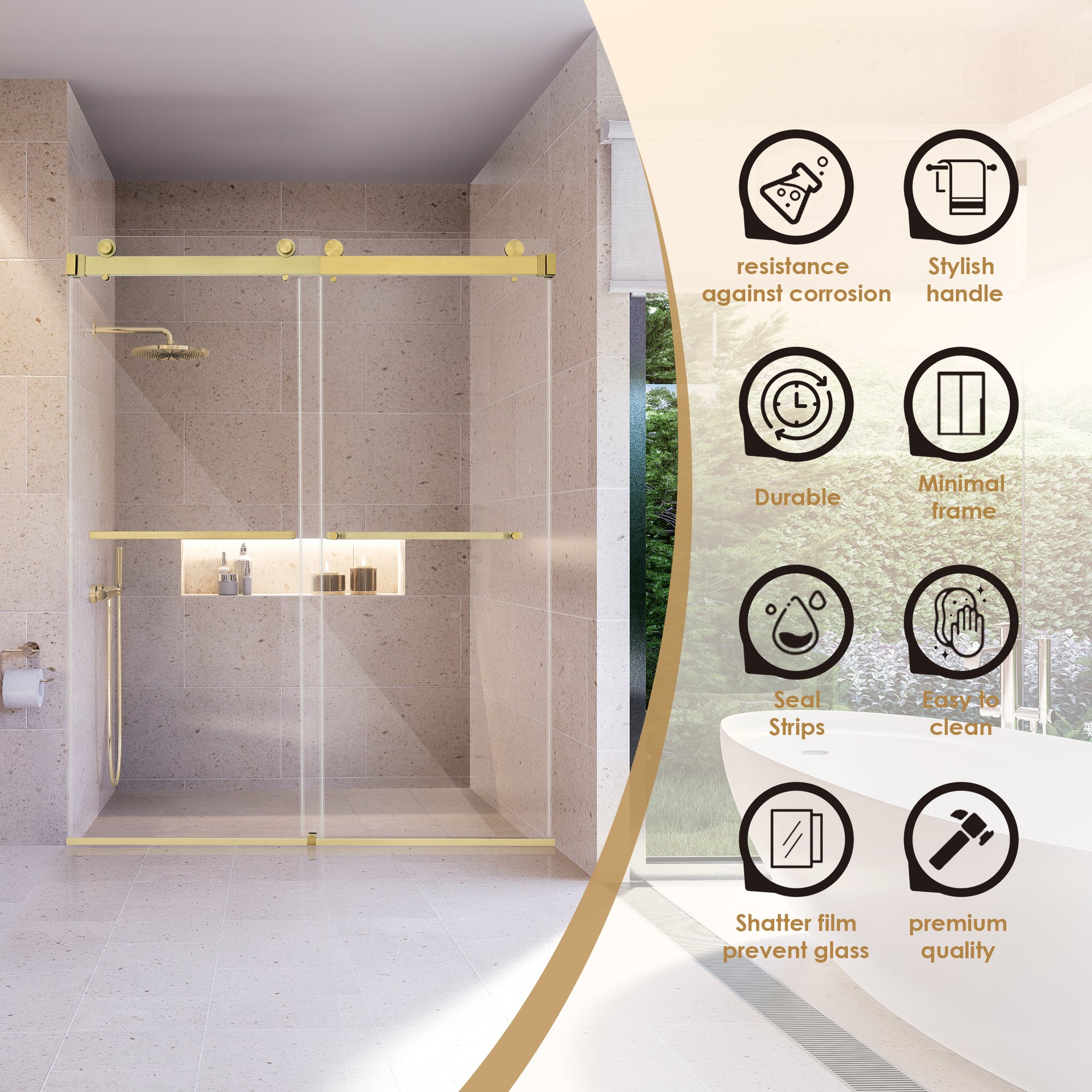 Bolani 60" W x 76" H By Pass Frameless Exposed Roller Shower Door with Clear Glass