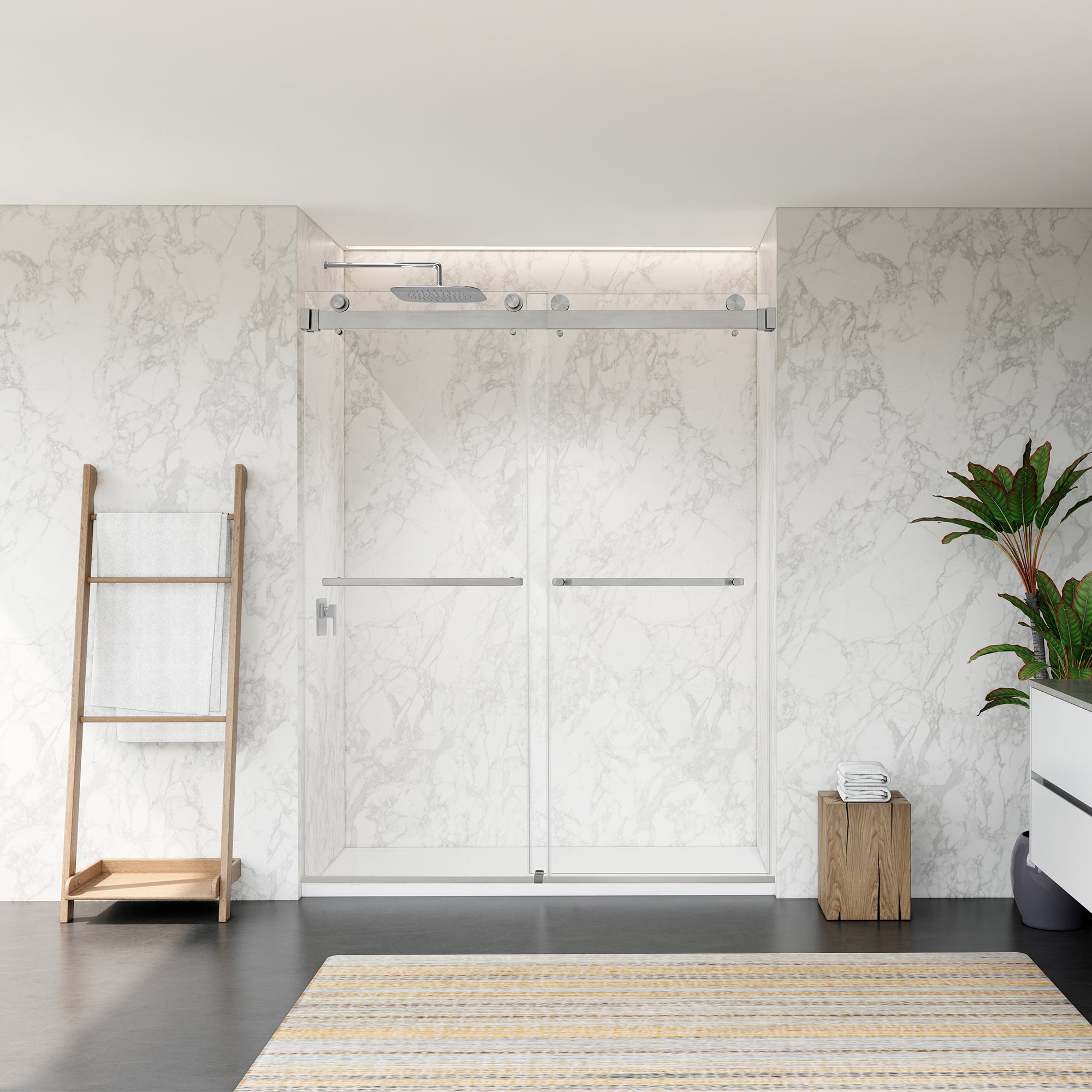 Bolani 60" W x 76" H By Pass Frameless Exposed Roller Shower Door with Clear Glass