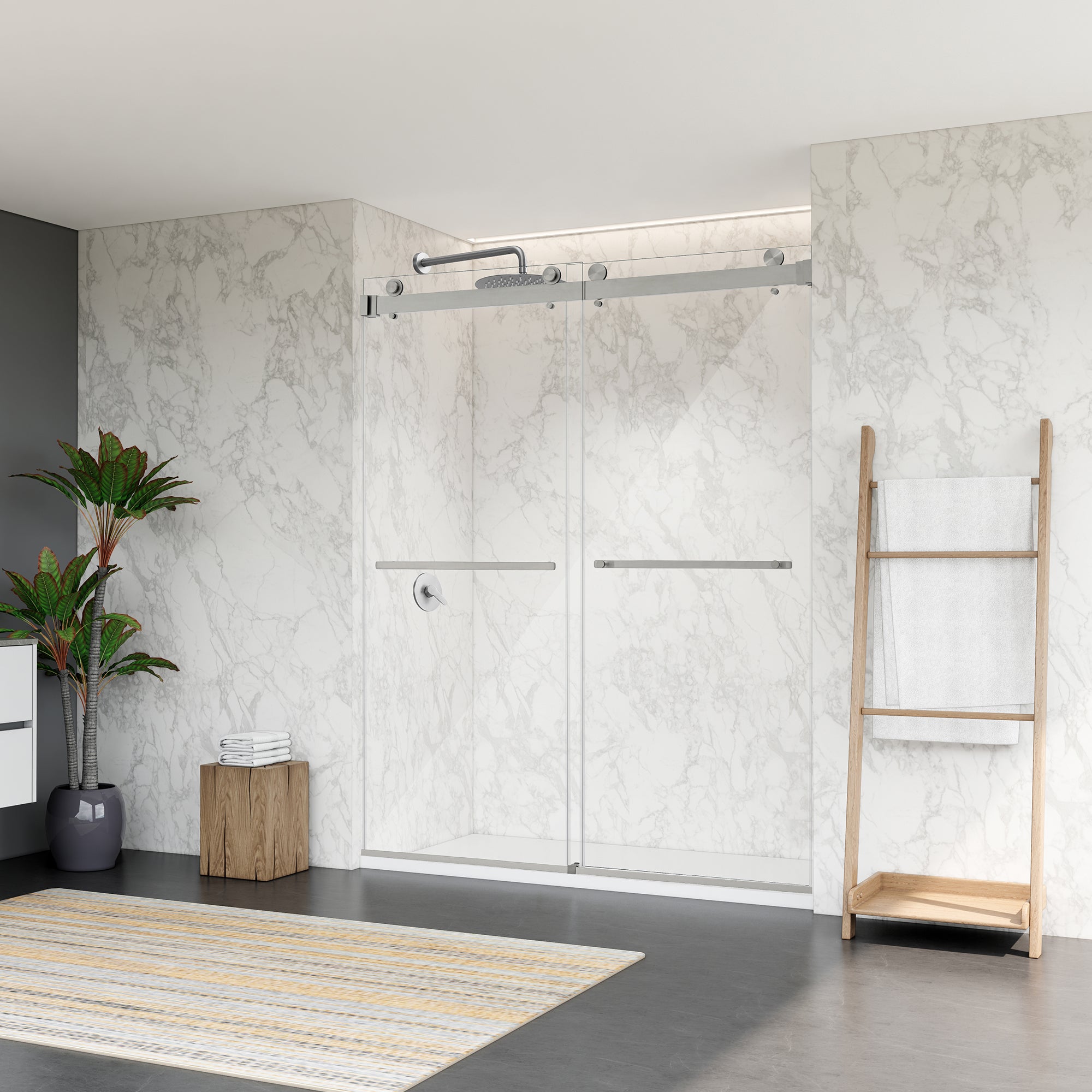 Bolani 60" W x 76" H By Pass Frameless Exposed Roller Shower Door with Clear Glass