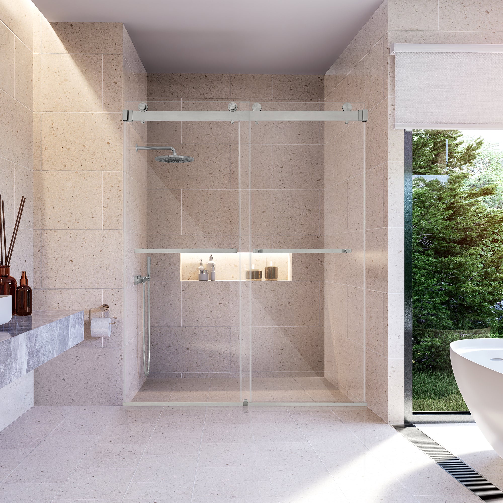Bolani 60" W x 76" H By Pass Frameless Exposed Roller Shower Door with Clear Glass