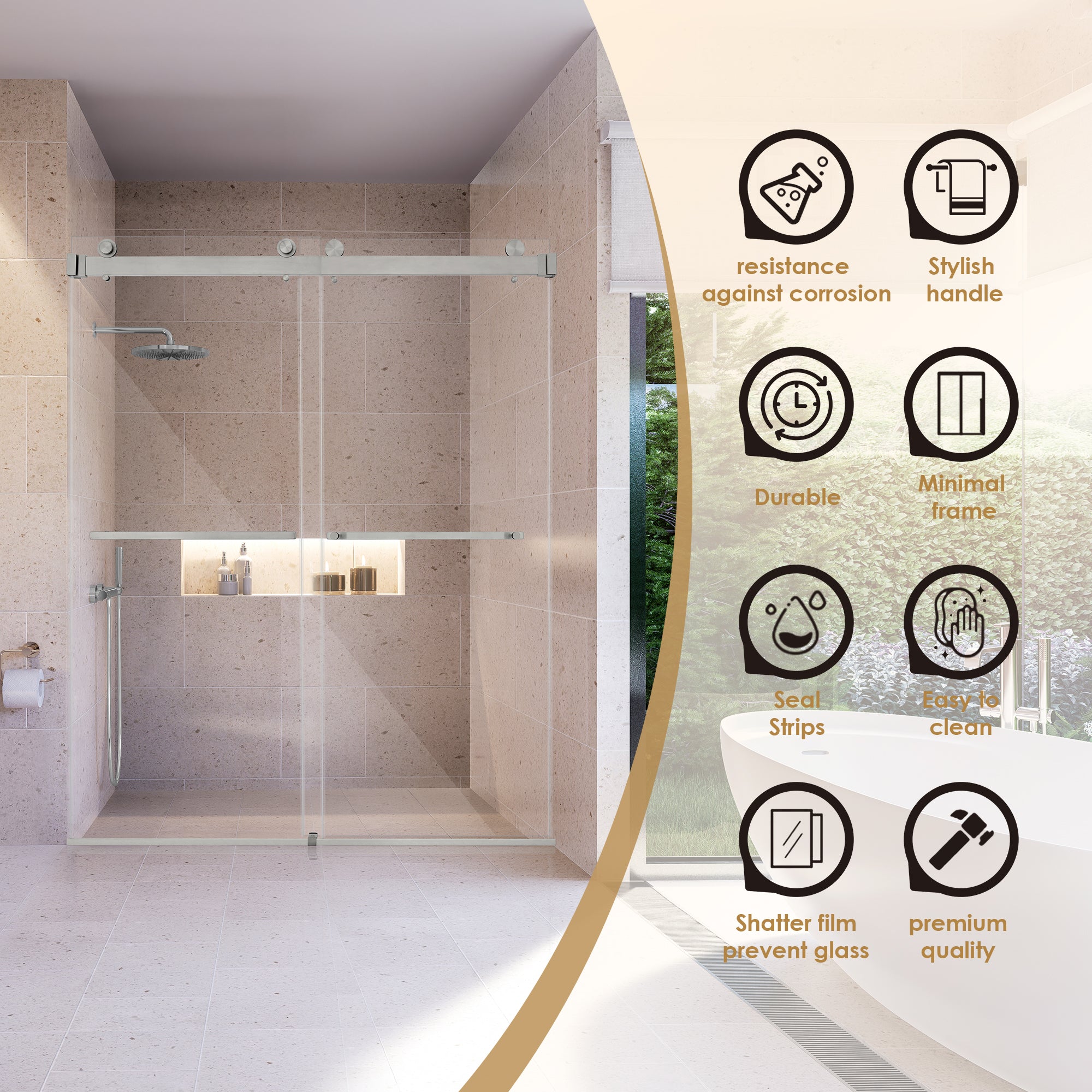 Bolani 60" W x 76" H By Pass Frameless Exposed Roller Shower Door with Clear Glass