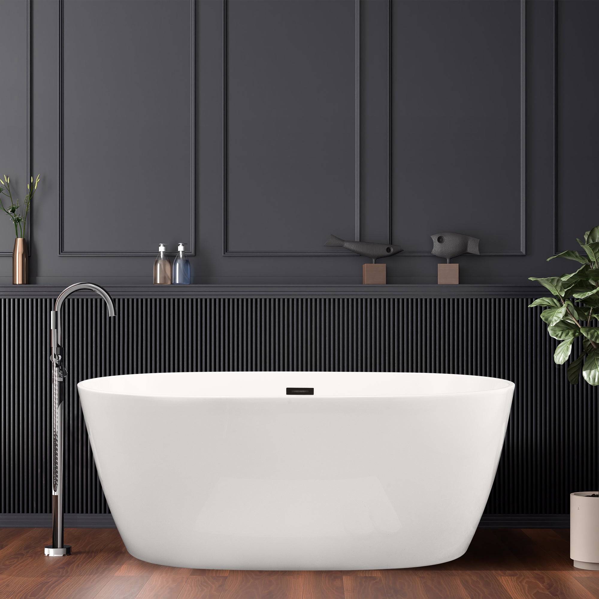 Rauris 59" x 28" Flatbottom Freestanding Acrylic Soaking Bathtub in Glossy White with Drain and Overflow