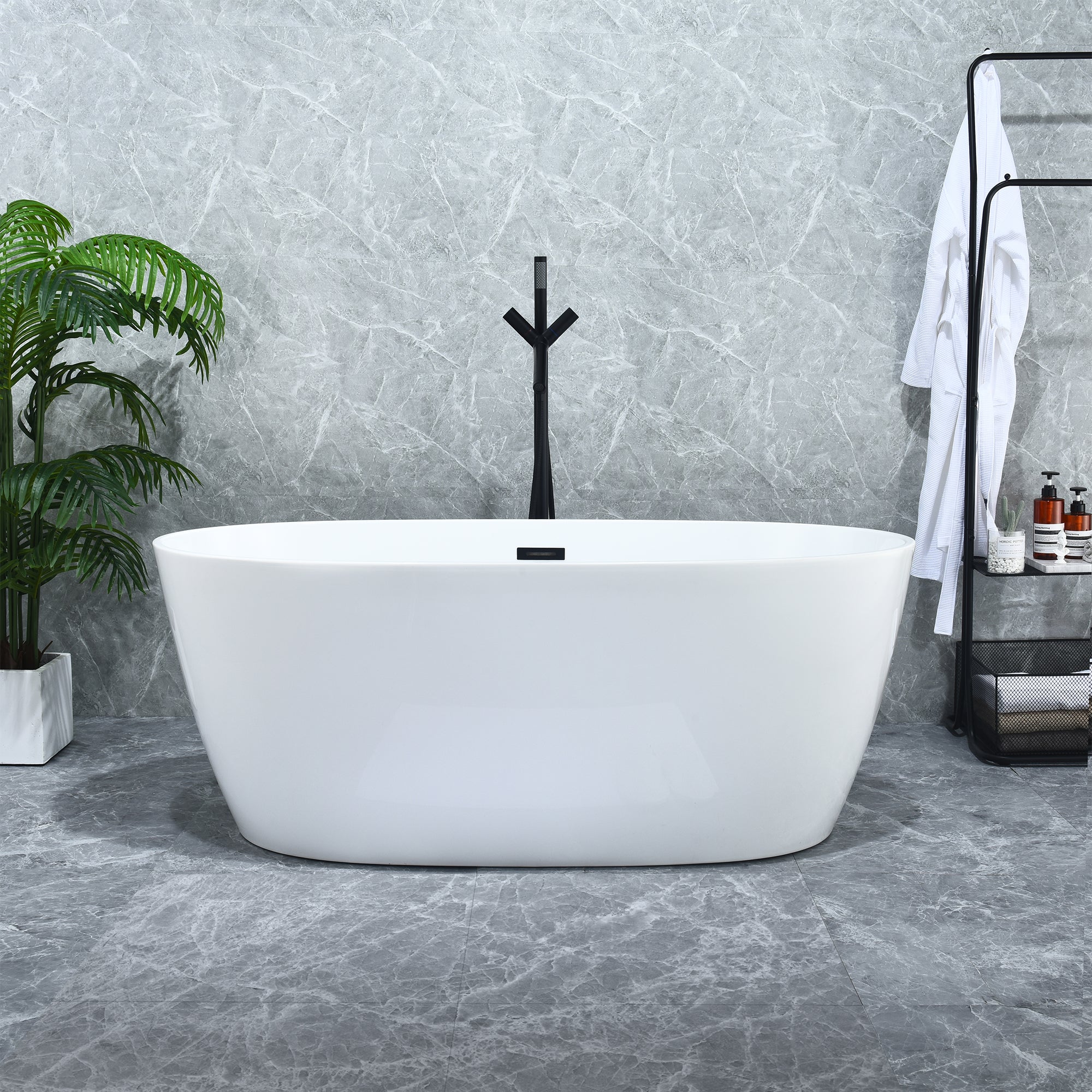 Rauris 59" x 28" Flatbottom Freestanding Acrylic Soaking Bathtub in Glossy White with Drain and Overflow