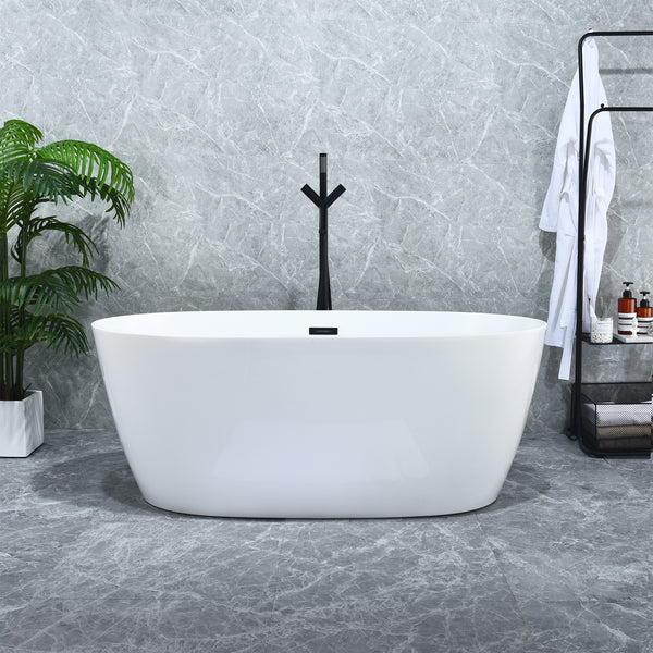 Rauris 59" x 28" Flatbottom Freestanding Acrylic Soaking Bathtub in Glossy White with Drain and Overflow