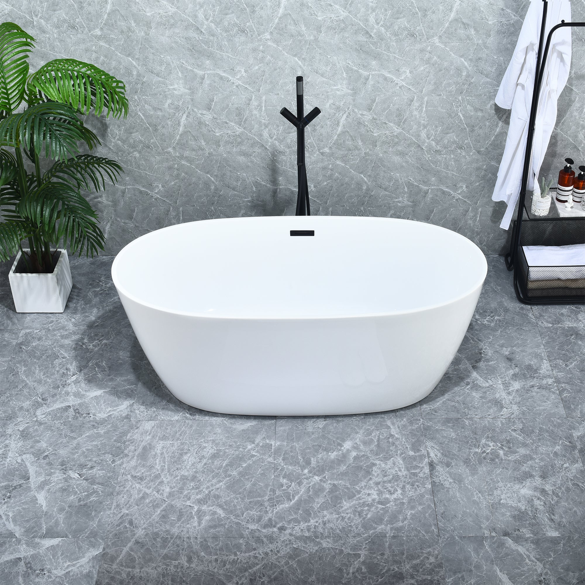 Rauris 59" x 28" Flatbottom Freestanding Acrylic Soaking Bathtub in Glossy White with Drain and Overflow