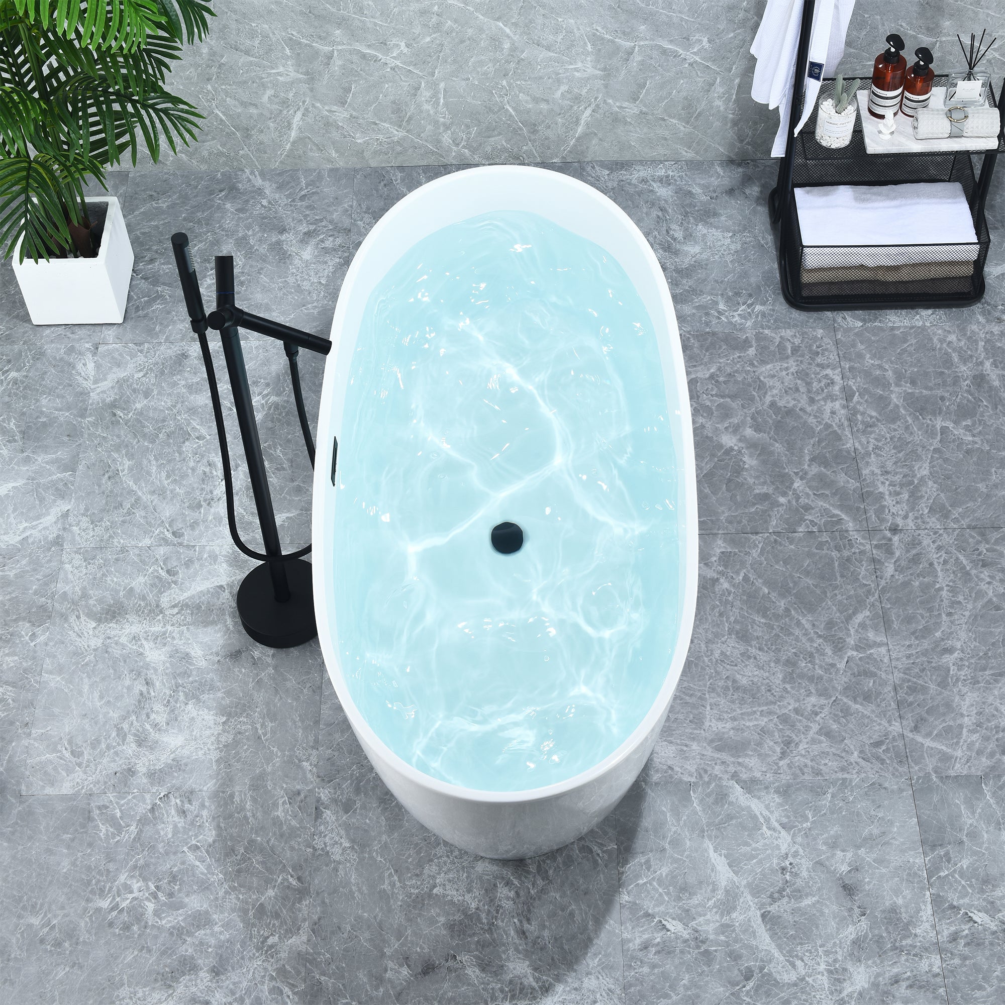 Rauris 59" x 28" Flatbottom Freestanding Acrylic Soaking Bathtub in Glossy White with Drain and Overflow