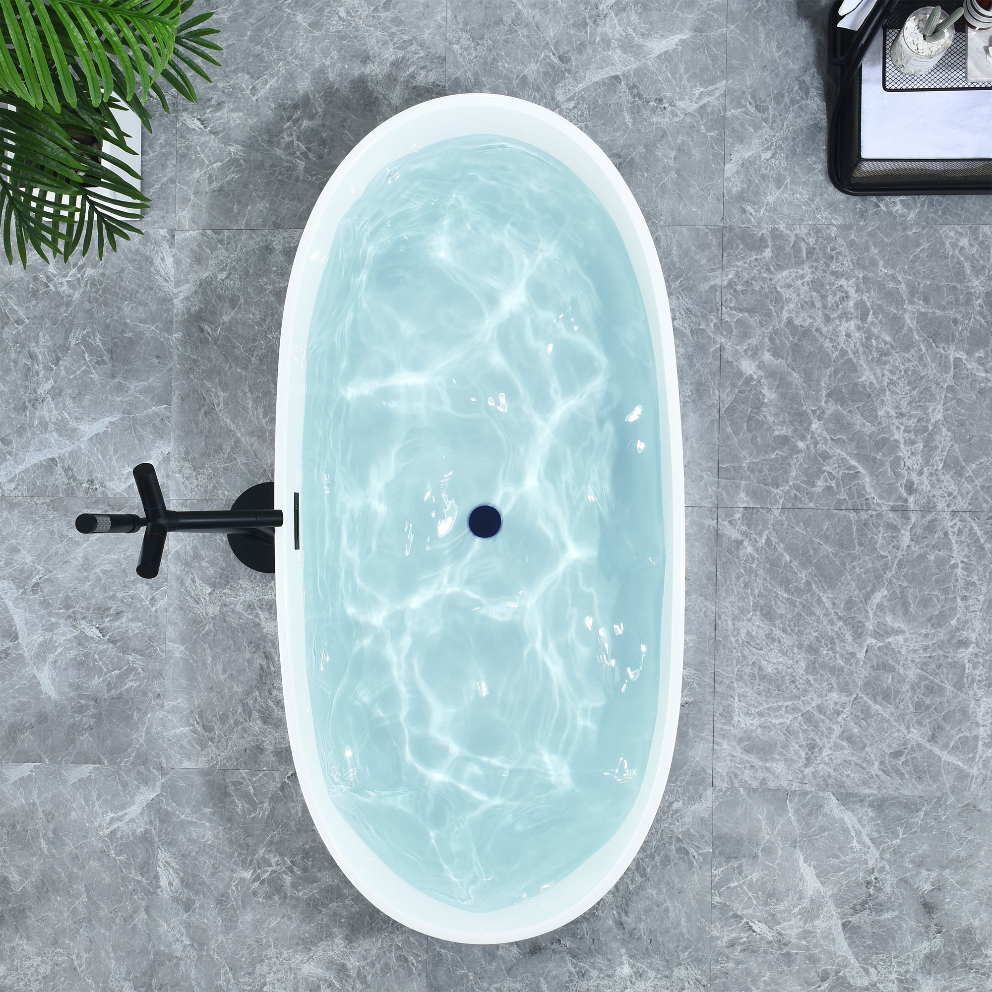 Rauris 59" x 28" Flatbottom Freestanding Acrylic Soaking Bathtub in Glossy White with Drain and Overflow