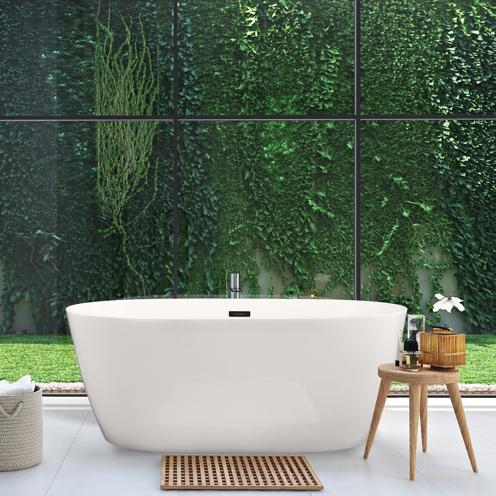 Rauris 59" x 28" Flatbottom Freestanding Acrylic Soaking Bathtub in Glossy White with Drain and Overflow