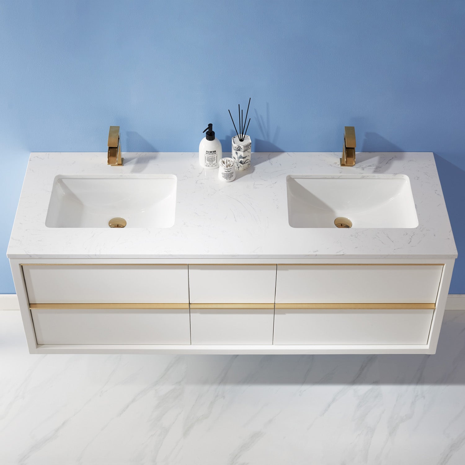 Morgan 60" Double Bathroom Vanity Set in White and Composite Aosta White Stone Countertop