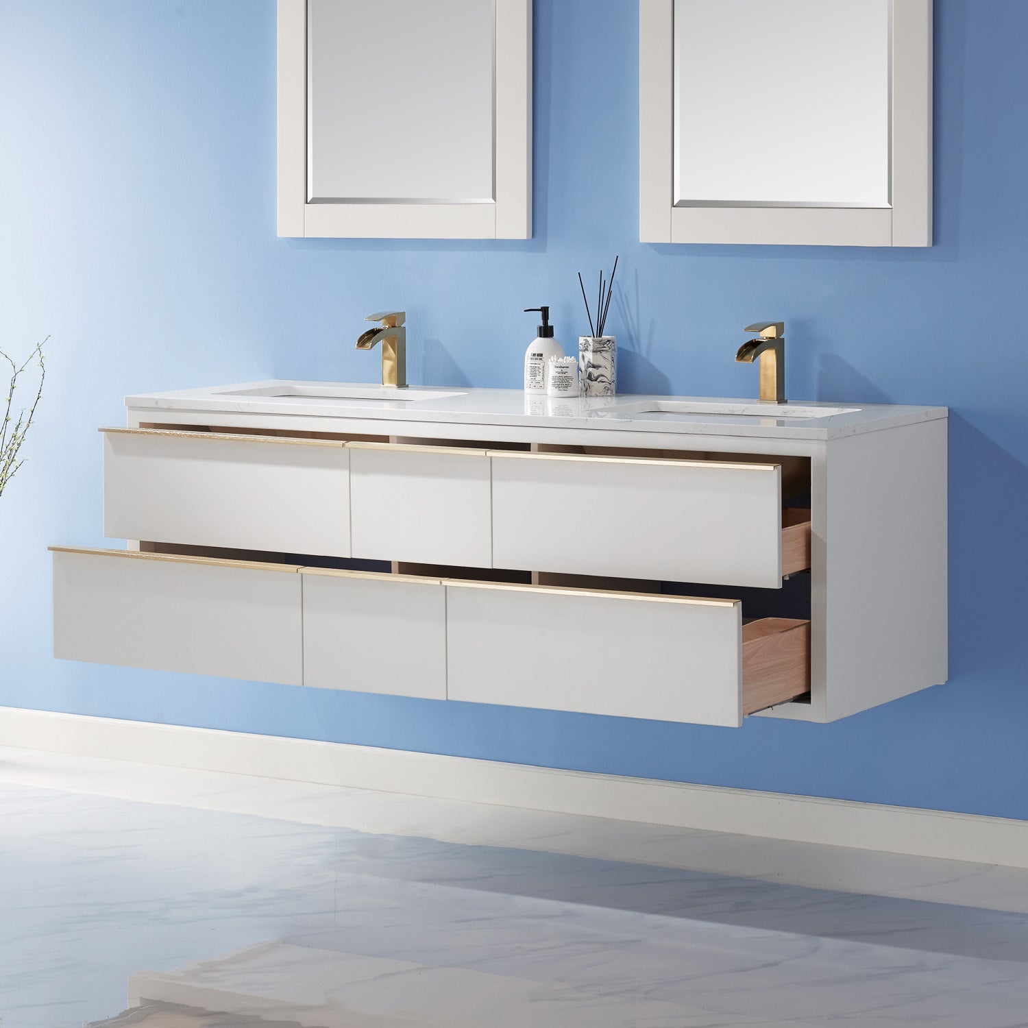 Morgan 60" Double Bathroom Vanity Set in White and Composite Aosta White Stone Countertop
