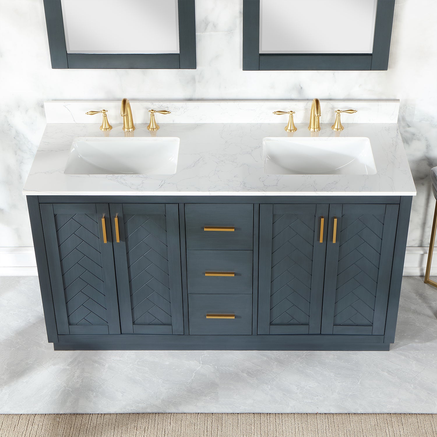 Gazsi 60" Double Bathroom Vanity Set with Grain White Composite Stone Countertop