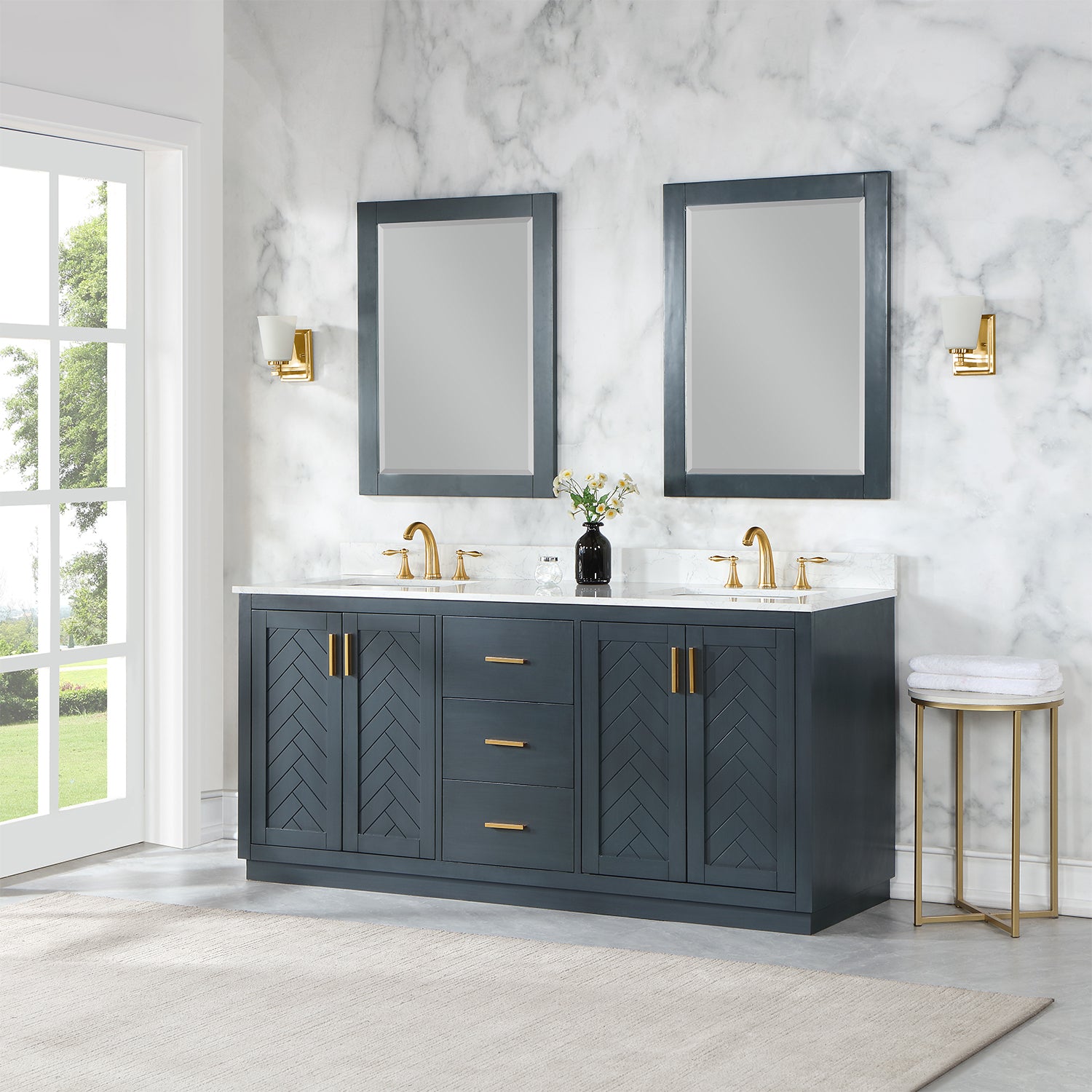 Gazsi 72" Double Bathroom Vanity Set with Grain White Composite Stone Countertop