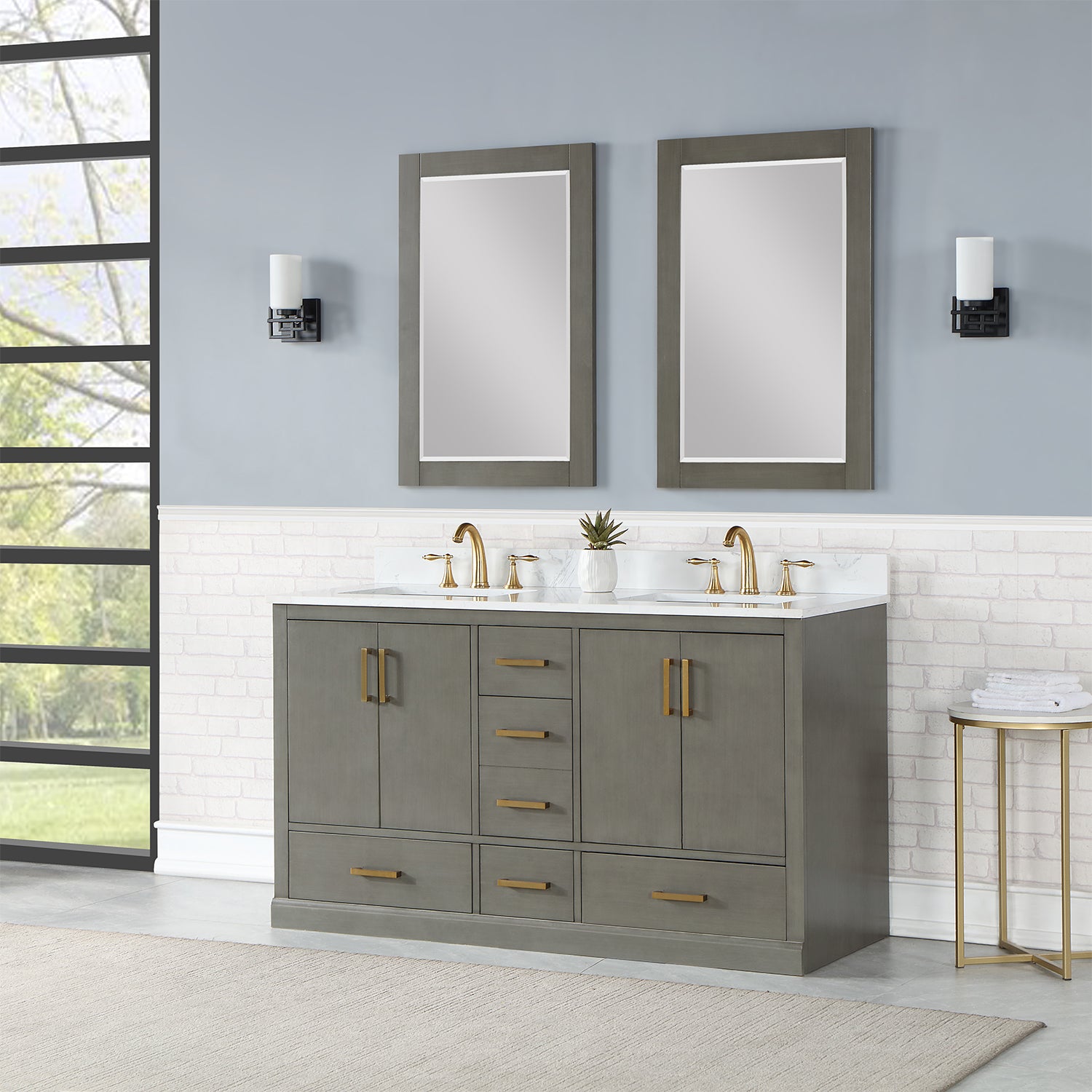 Monna 60" Double Bathroom Vanity Set with Aosta White Composite Stone Countertop