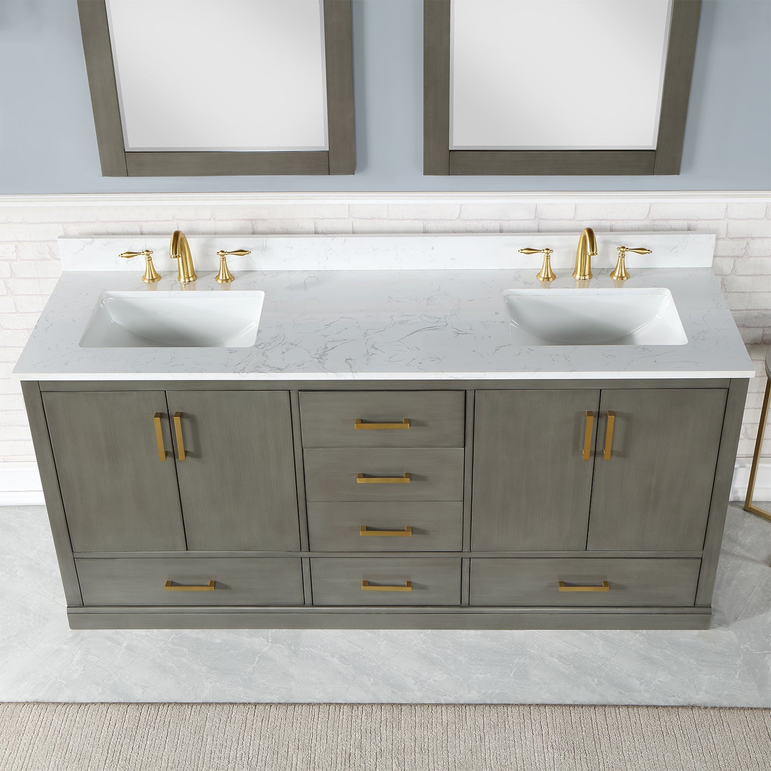 Bathroom Vanities Outlet Atlanta Renovate for LessMercer Island 72 Double  Vanity, Ash Gray, Radiant Gold w/ Glossy White Composite Top
