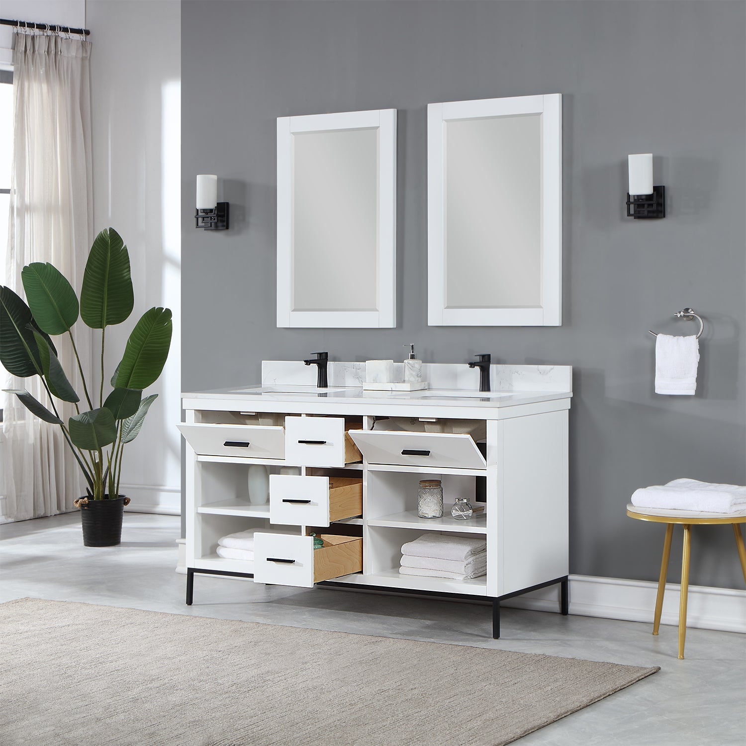 Kesia 60" Double Bathroom Vanity Set with Aosta White Composite Stone Countertop