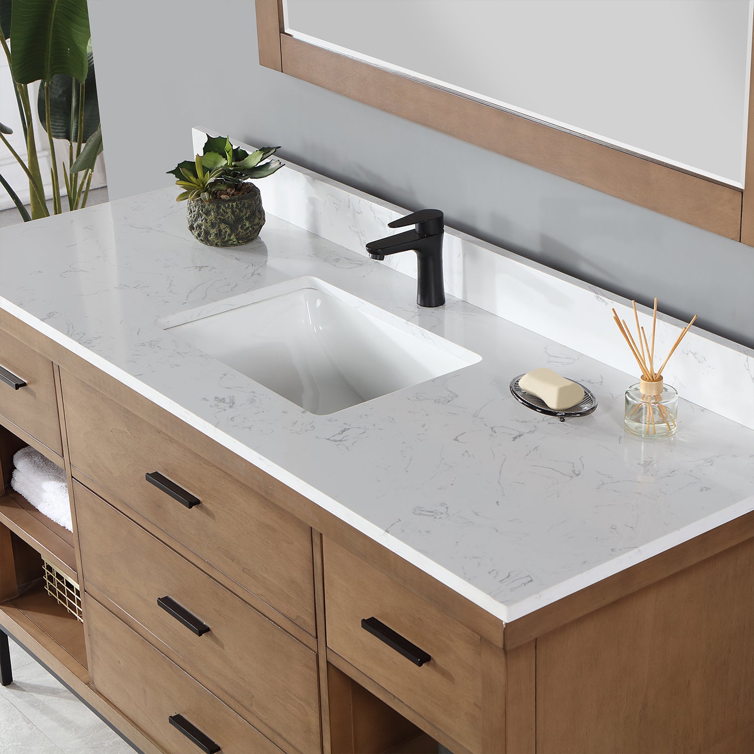 Kesia 60" Single Bathroom Vanity Set with Carrara White Composite Stone Countertop