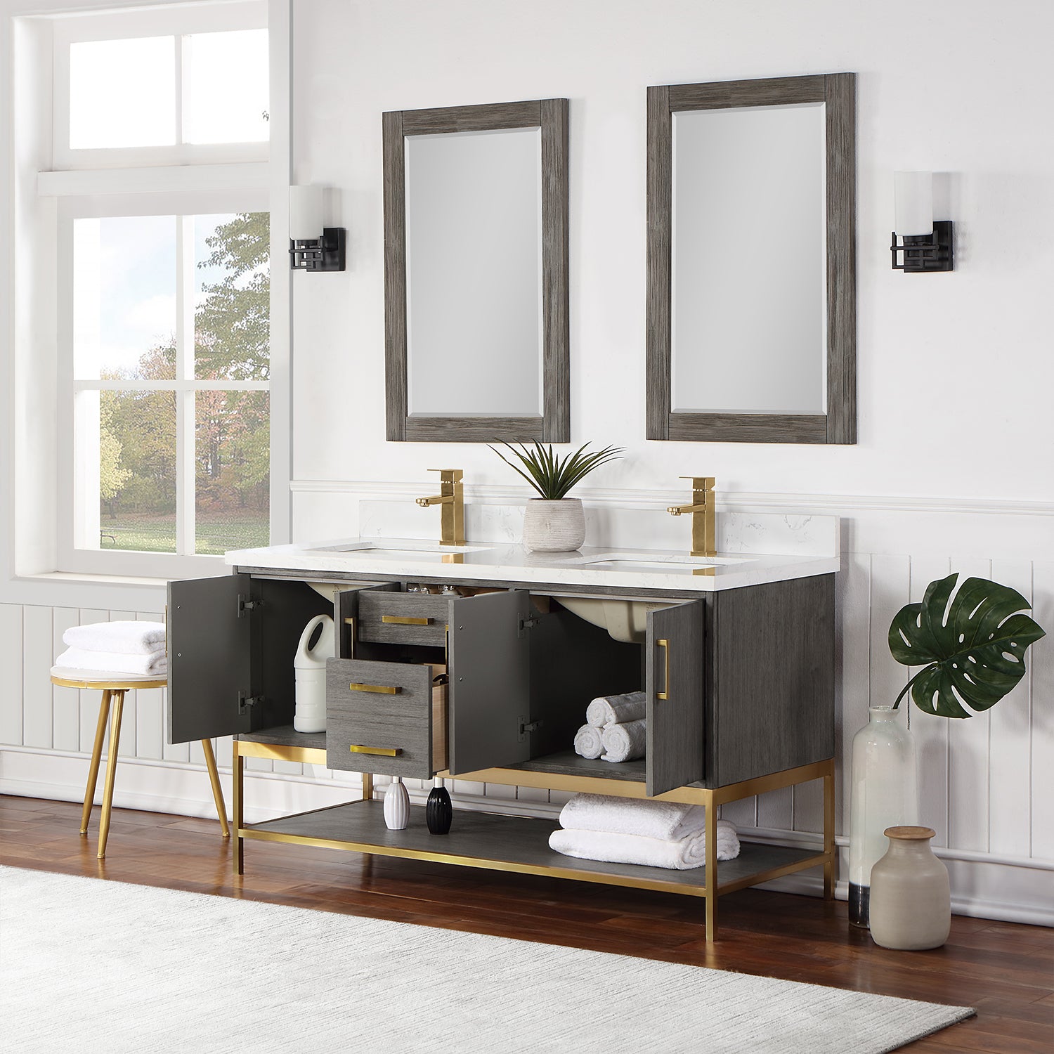 Wildy 60" Double Bathroom Vanity Set with Grain White Composite Stone Countertop