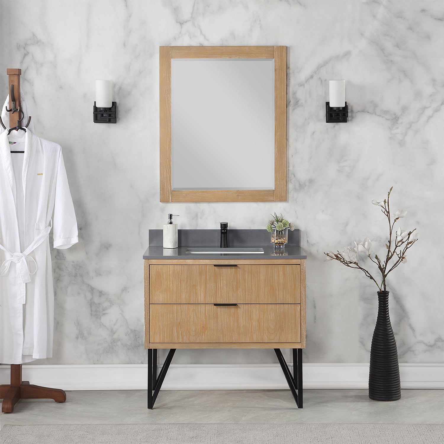 Helios 36" Single Bathroom Vanity Set with Concrete Gray Stone Countertop