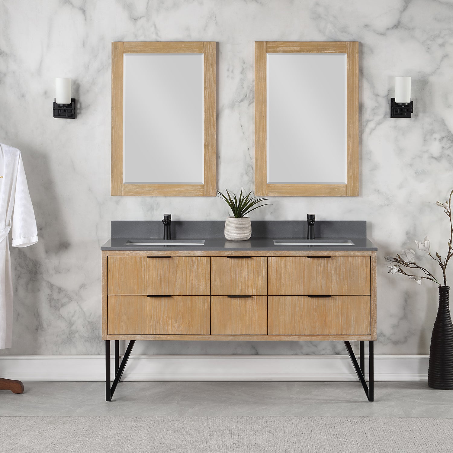 Helios 60" Double Bathroom Vanity Set with Concrete Gray Stone Countertop