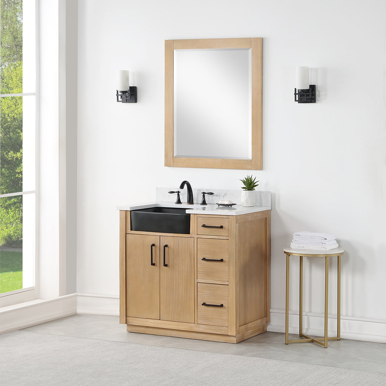 Novago 36" Single Bathroom Vanity Set with Composite Aosta White Stone Countertop and Farmhouse Sink