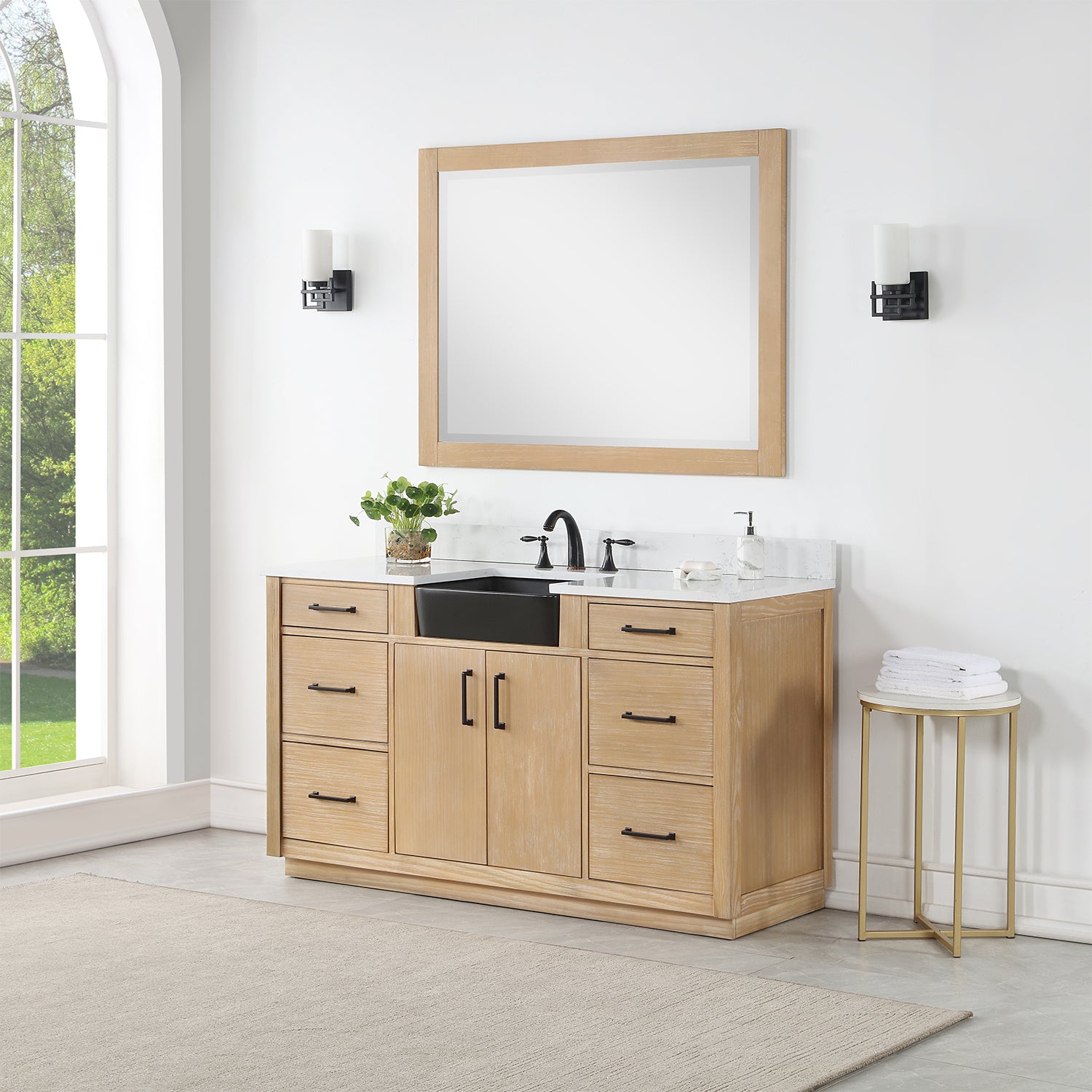Novago 60" Single Bathroom Vanity Set with Composite Carrara White Stone Countertop and Farmhouse Sink