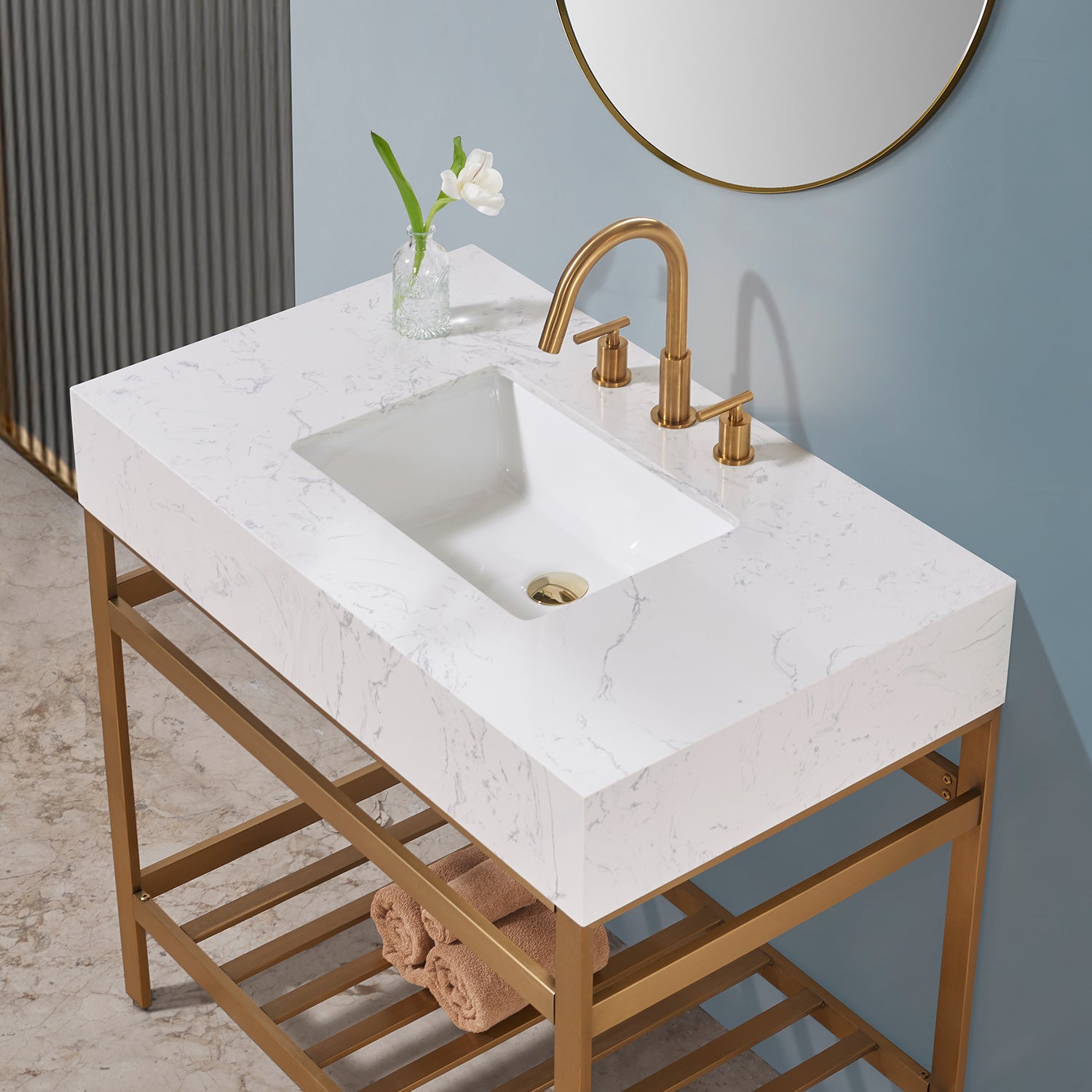 Merano 36" Single Stainless Steel Vanity Console with Aosta White Stone Countertop