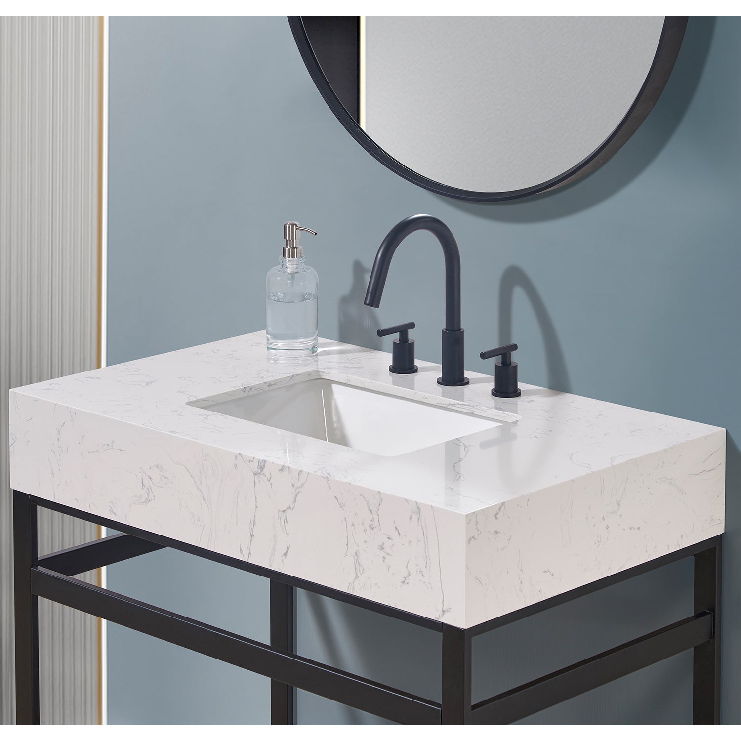 Merano Stone effects Single Sink Vanity Top in Aosta White Apron with White Sink