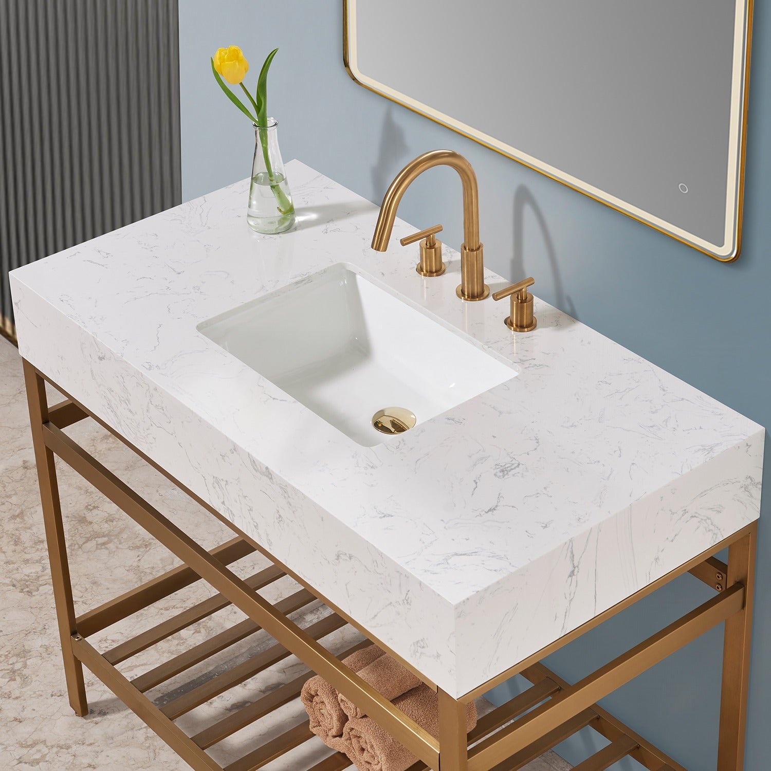 Merano 42" Single Stainless Steel Vanity Console with Aosta White Stone Countertop