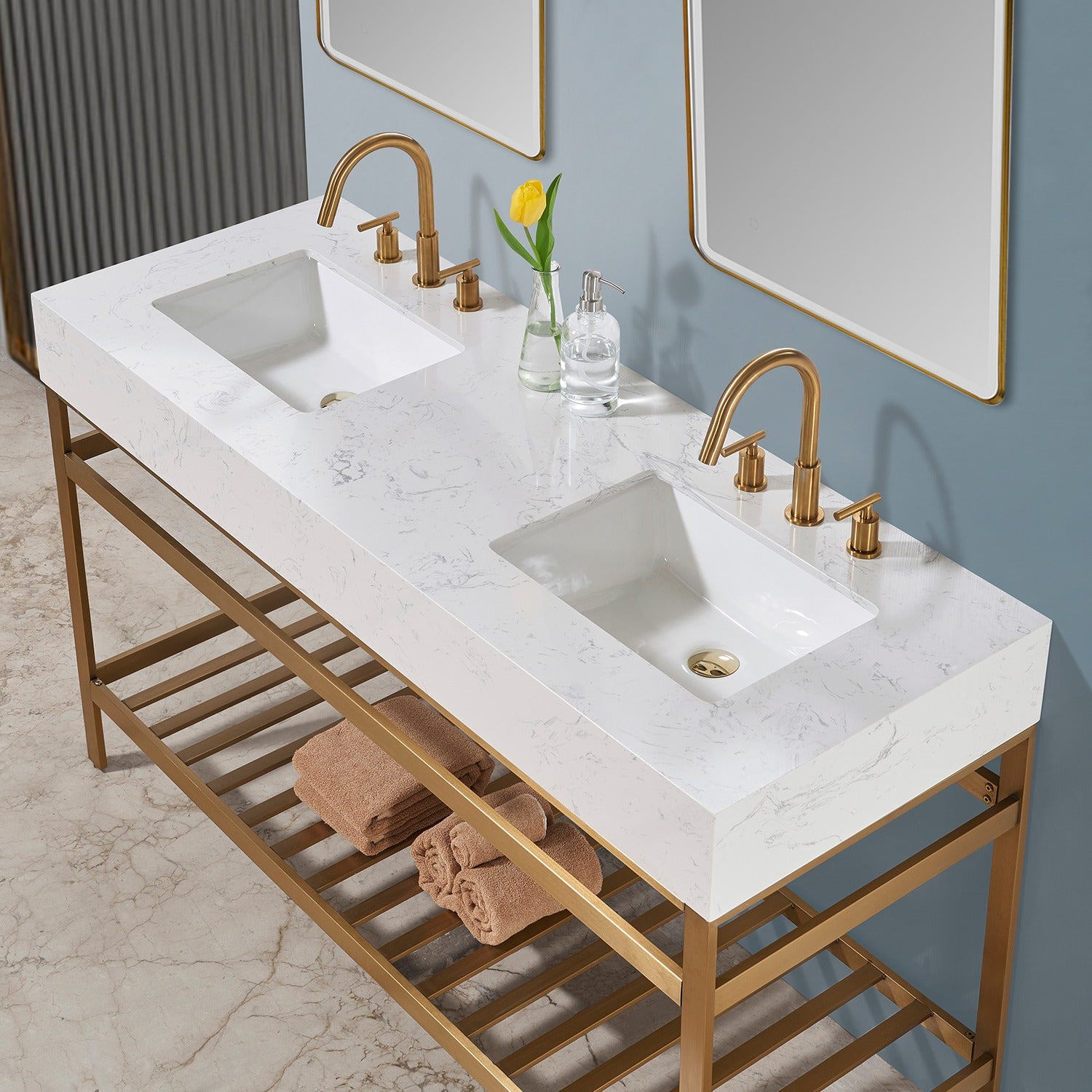 Merano 60" Double Stainless Steel Vanity Console with Aosta White Stone Countertop