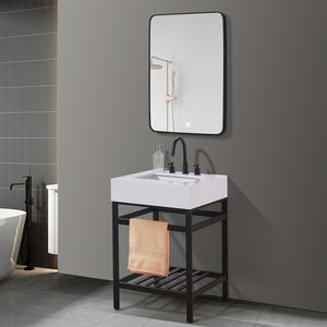 Edolo 24" Single Stainless Steel Vanity Console in Matte Black with Snow White Stone Countertop