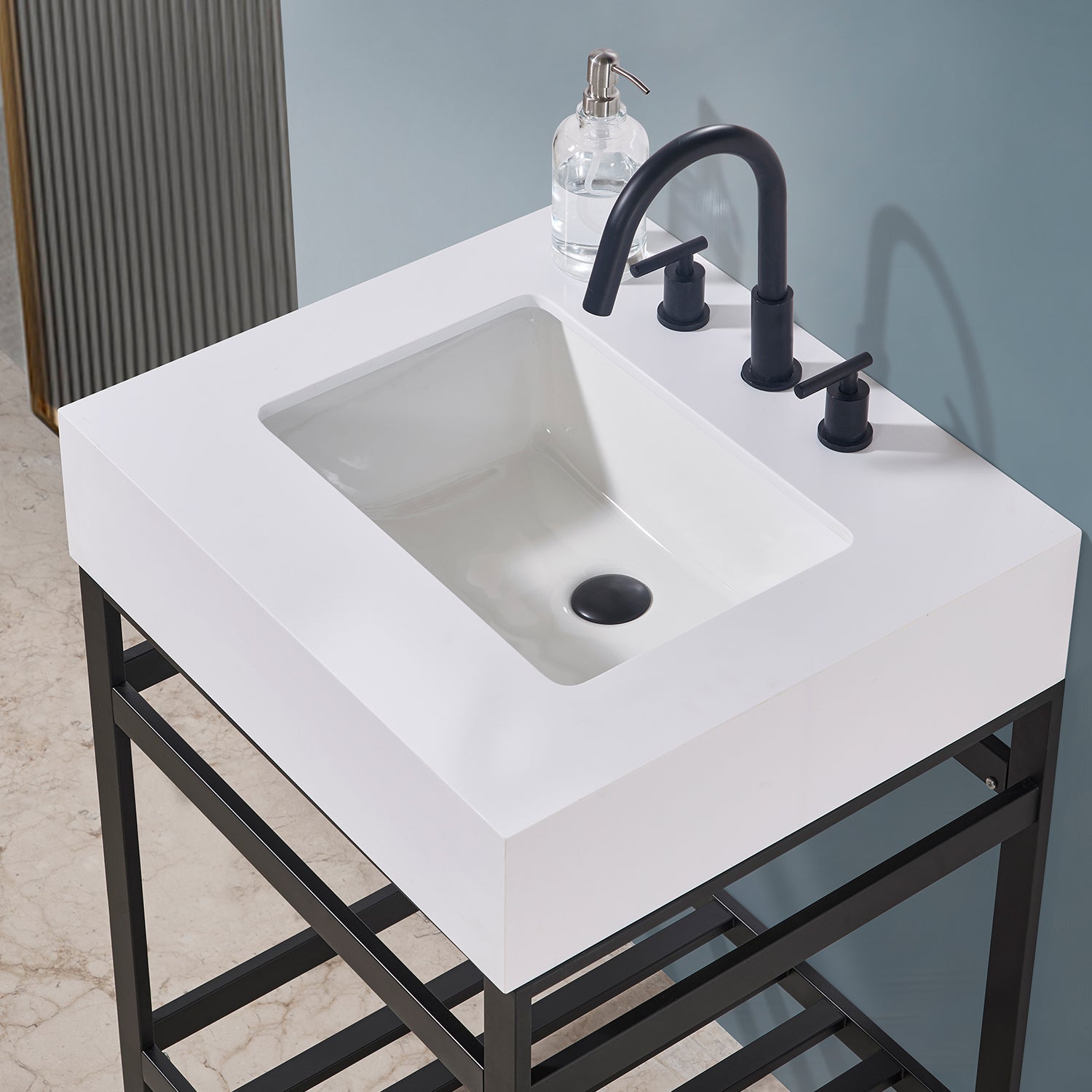 Edolo 24" Single Stainless Steel Vanity Console in Matte Black with Snow White Stone Countertop