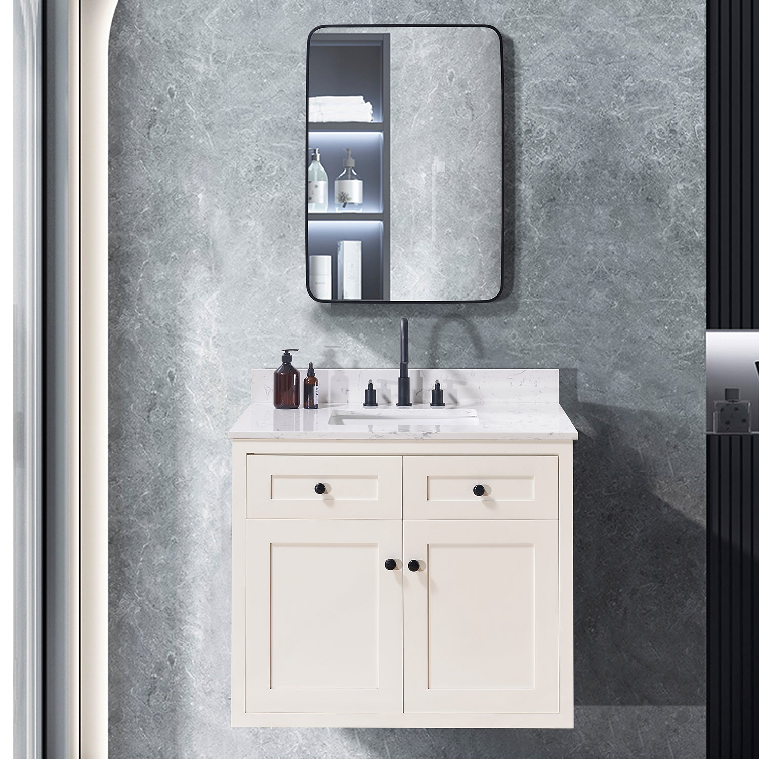 Trento Stone effects Vanity Top in Aosta White with White Sink