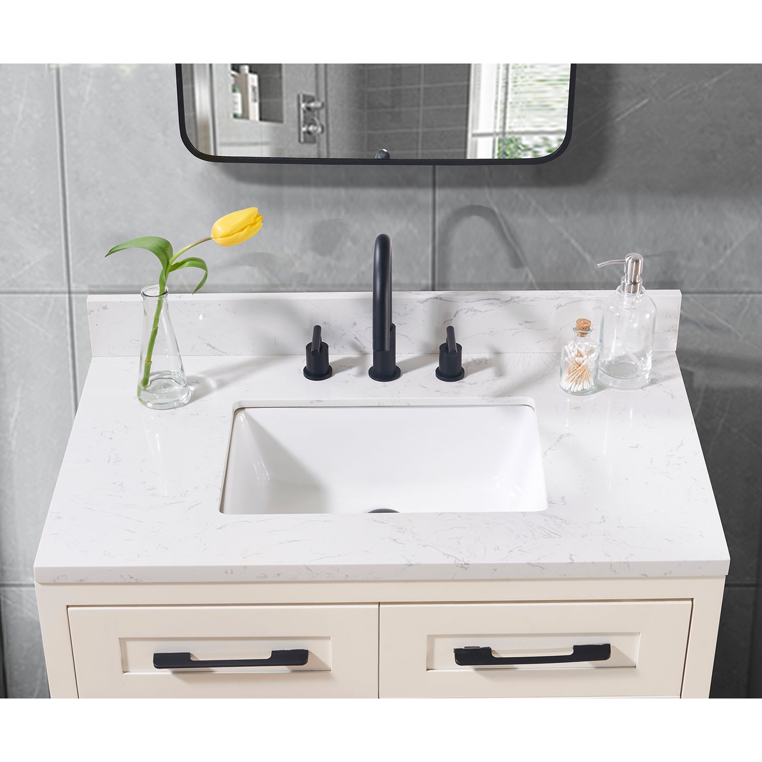 Oderzo Stone effects Single Sink Vanity Top in Aosta White with White Sink