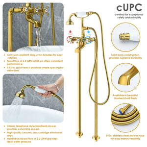Forc? Vintage Style Cross Handle Claw Foot Floor Mounted Tub Filer with Handshower