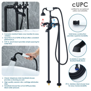 Forc? Vintage Style Cross Handle Claw Foot Floor Mounted Tub Filer with Handshower