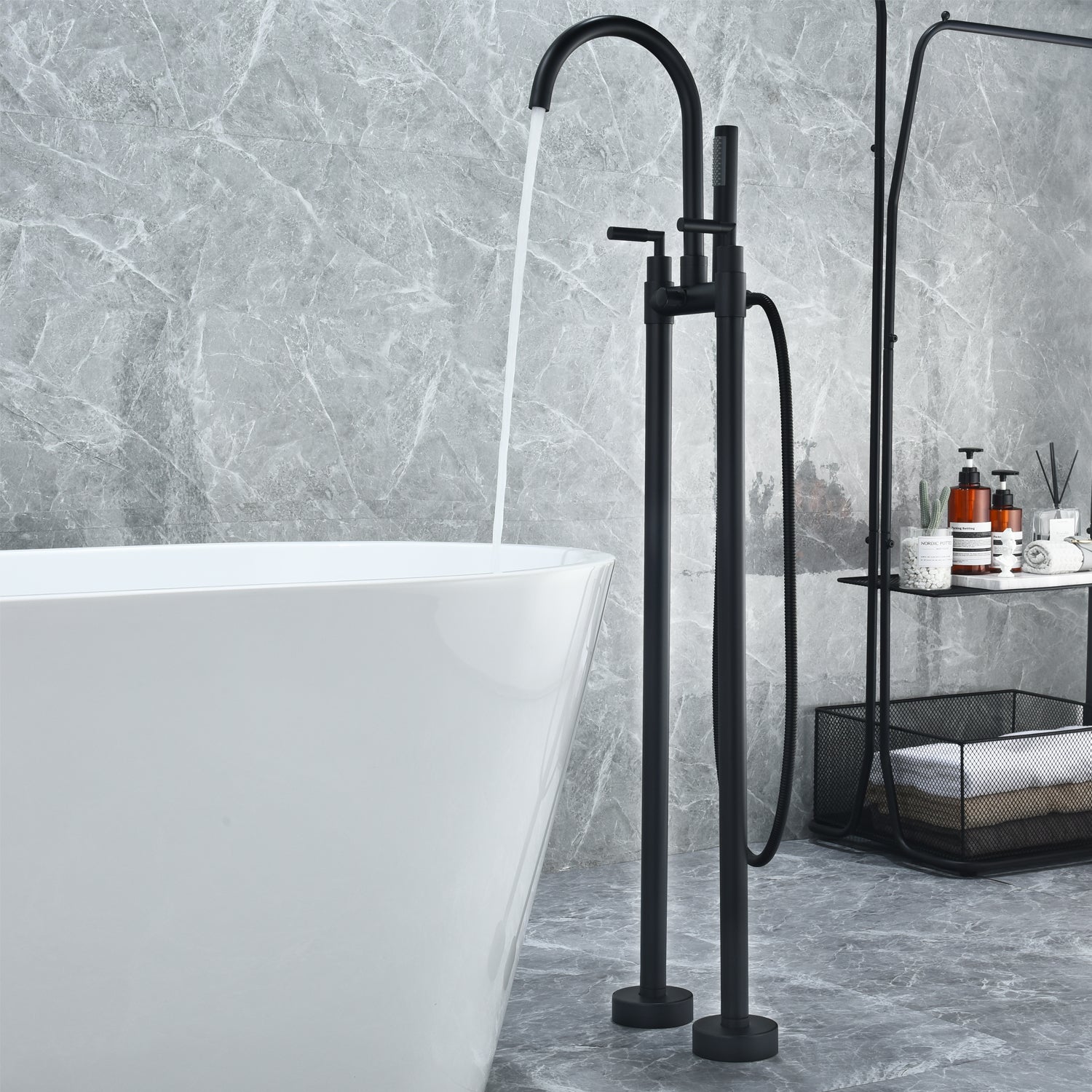 Gnosall Double Lever Handle Freestanding Floor Mounted Tub Filler with Handshower