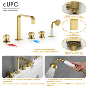 Vikran Triple Handle Deck-Mount Roman Tub Faucet Trim with Handshower