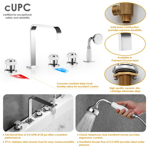 Vikran Triple Handle Deck-Mount Roman Tub Faucet Trim with Handshower