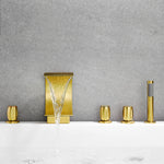 Load image into Gallery viewer, Recea Triple Handle Deck-Mount Roman Tub Faucet with Diverter and Handshower
