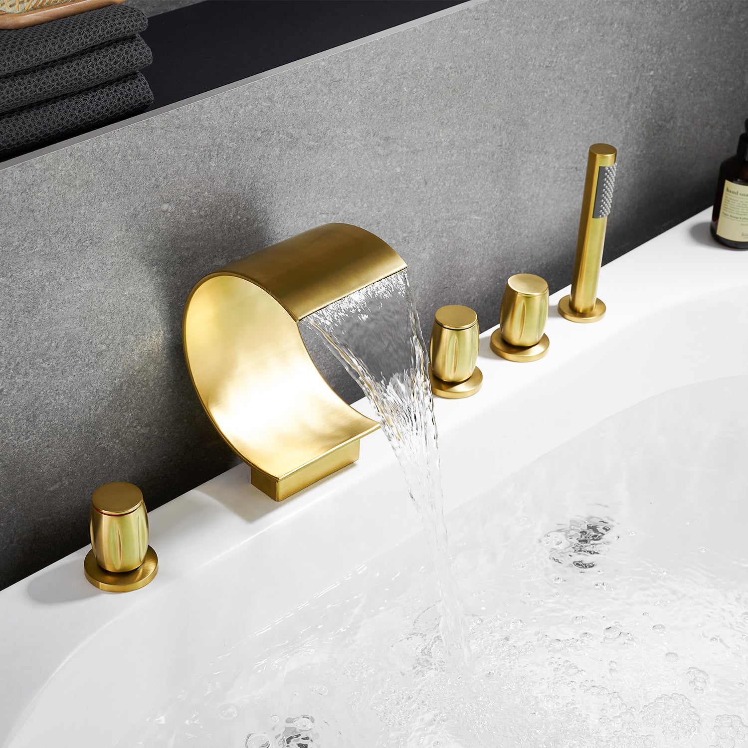 Recea Triple Handle Deck-Mount Roman Tub Faucet with Diverter and Handshower