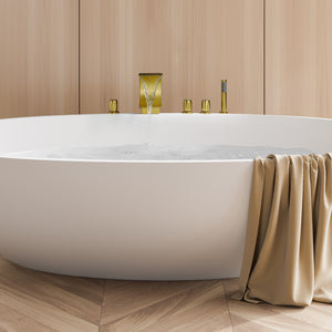 Recea Triple Handle Deck-Mount Roman Tub Faucet with Diverter and Handshower