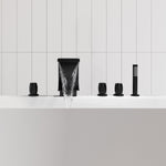 Load image into Gallery viewer, Recea Triple Handle Deck-Mount Roman Tub Faucet with Diverter and Handshower
